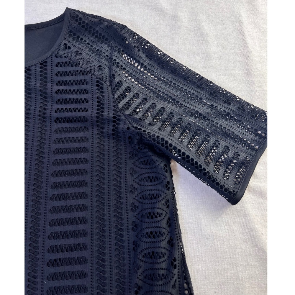 Dana Buchman Black Lace Elbow Sleeve Geometric Eyelet Blouse sz XL Office Goth - Picture 4 of 11